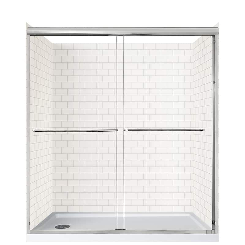 Cove Sliding 60 in. L x 32 in. W x 78 in. H Left Drain Alcove Shower Stall Kit in White Subway and Silver Hardware