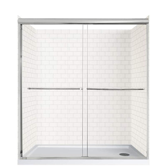 Cove Sliding 60 in. L x 32 in. W x 78 in. H Right Drain Alcove Shower Stall Kit in White Subway and Silver Hardware