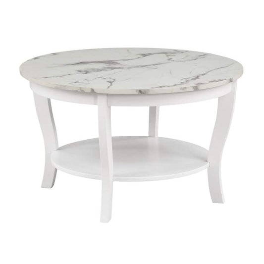 American Heritage 30 in. White Round White Faux Marble Top Coffee Table with Shelf