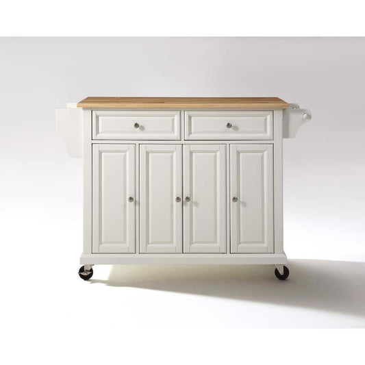 Full Size White Kitchen Cart with Natural Wood Top